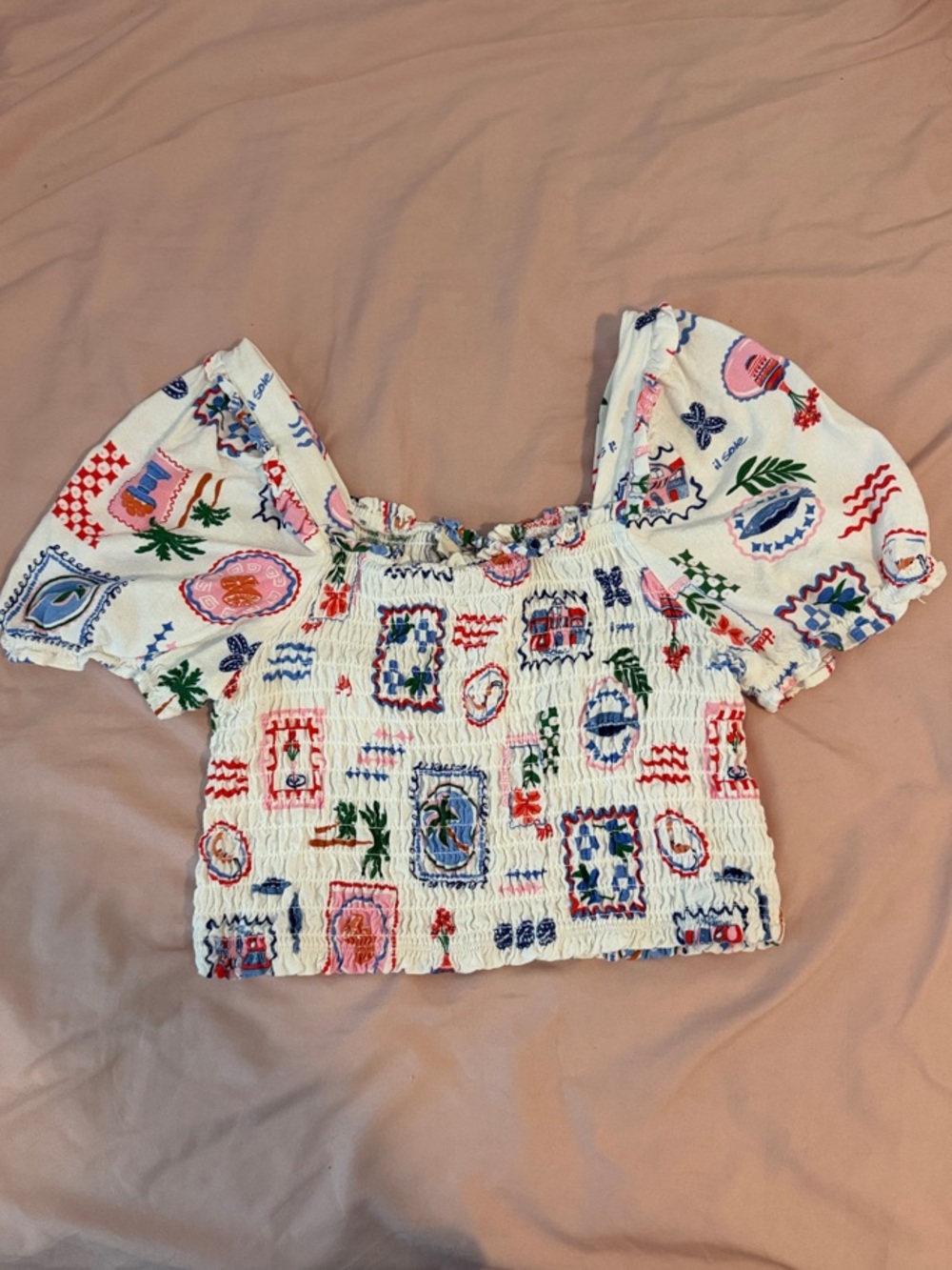 Monteau White Smocked Crop Top with Pink Blue and Red Prints